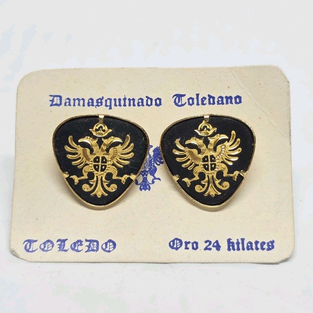 VINTAGE 1960s CUFFLINKS DOUBLE HEAD EAGLE DAMASCENE TOLEDO WARE SPAIN 24k GP